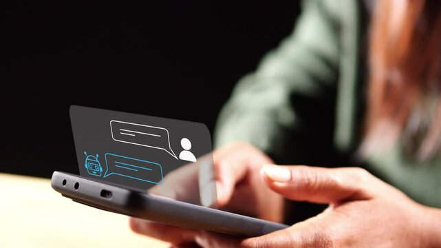 Chatbot AI, Artificial Intelligence. Women using mobile smartphone chatting with AI chatbot, conversation assistant, customer support. Concept of technology, digital communication, online information
