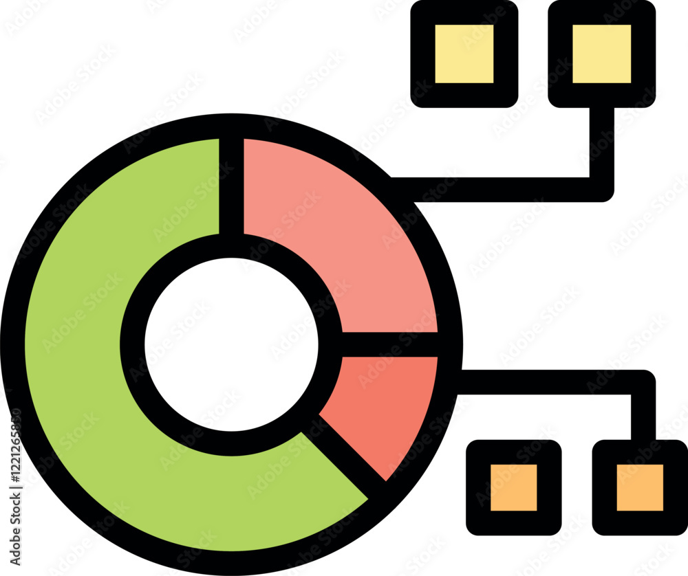 Poster visual representation of data analysis connecting a segmented pie chart to relevant data points, sym