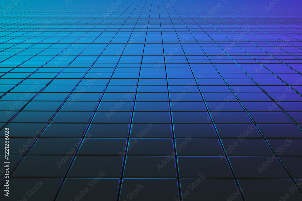 Poster Abstract tiled surface with gradient blue light effect. 3D Rendering
