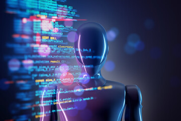 Futuristic robot figure with holographic code display in abstract dark background. 3D Rendering