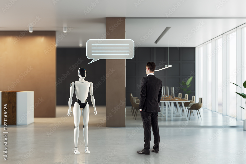 Poster businessman interacting with humanoid robot in modern office with speech bubble.