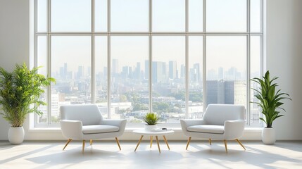 Fototapeta premium Light relaxing room interior with armchairs and sofa near window.