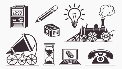 Fototapeta premium Flat Icon Silhouettes of World-Changing Inventions, Printing Press, Telephone, and Bulb