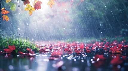 Autumn rain, leaves, park path, blurred background; nature scene for calendar, website