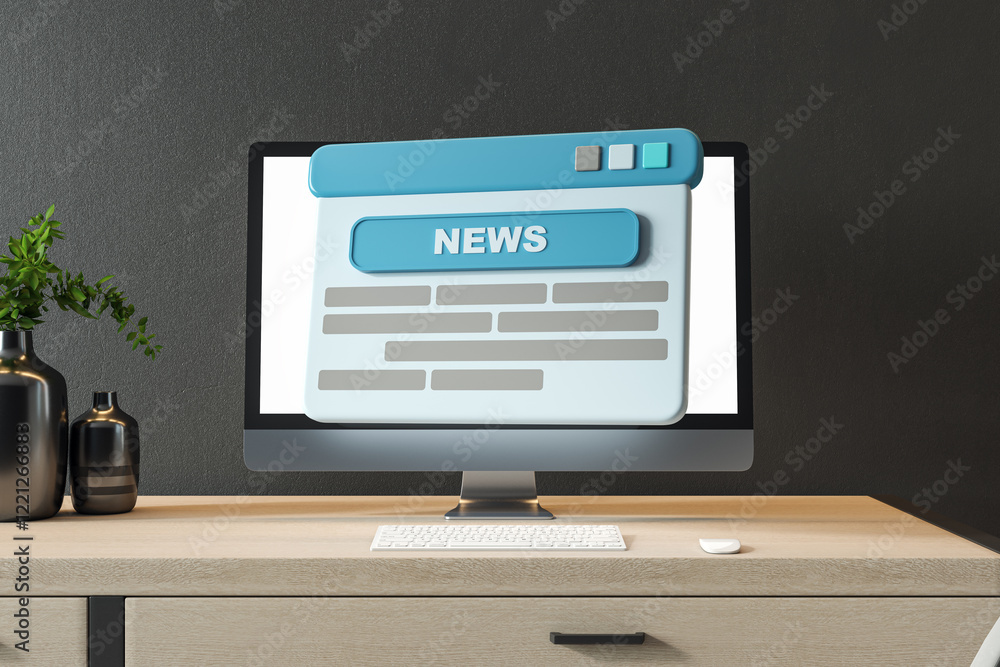 Poster abstract digital news interface on desktop screen in office background. 3d rendering