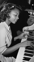 Talented woman playing piano in a lively jazz club during the mid-20th century evening