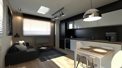 Modern flat studio featuring an eating table and a couch, complemented by a panoramic window that enhances the open and airy feel.