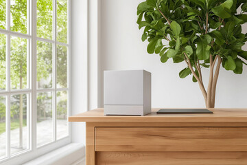 Fototapeta premium Modern white speaker placed on wooden table beside lush green plant by large window