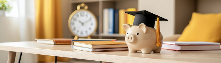 A piggy bank wearing a graduation cap sits on a table with books and a clock, symbolizing saving for education and financial planning.