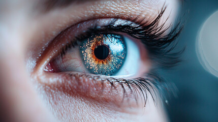 Fototapeta premium Close Up Of A Woman's Eye With Golden And Orange Iris Flecks Against A Teal Background