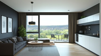Fototapeta premium Modern flat studio featuring an eating table and a couch, complemented by a panoramic window that enhances the open and airy feel.