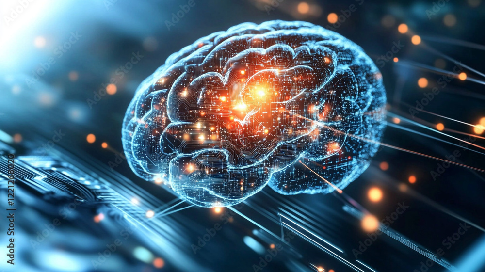 Poster glowing digital brain abstract neural network representation