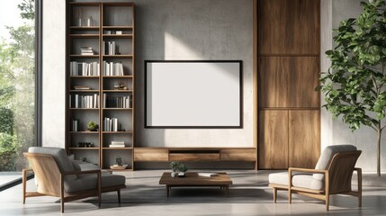 Modern living room featuring a blank TV screen, wooden furniture, bookshelves, and a potted plant.