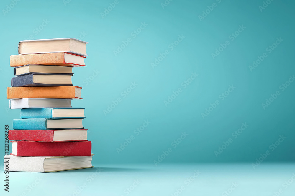 Poster stacked colorful books against a bright turquoise background in a minimalistic setting