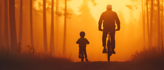 Fototapeta premium Elderly Man and Child Riding a Glowing Bicycle Under the Sunset Sky