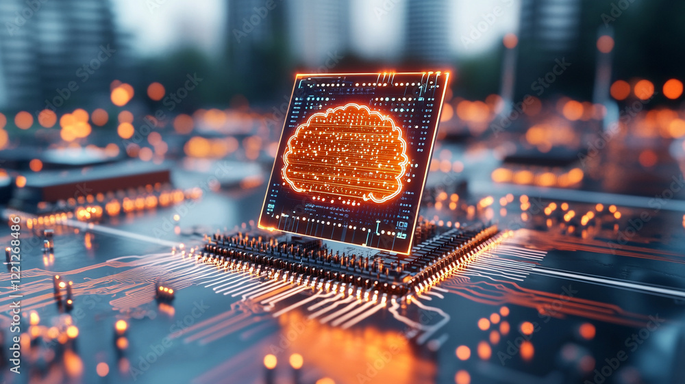 Poster glowing brain on microchip a futuristic concept of artificial intelligence and technological advance