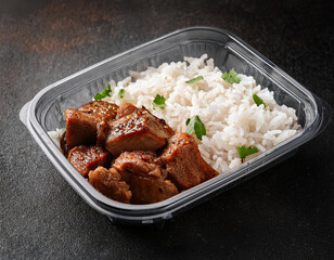 A plastic takeout container is filled with glazed teriyaki meat pieces and steamed white rice garnished with fresh parsley.