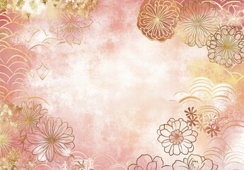 Pink floral watercolor background with gold accents and wave patterns.