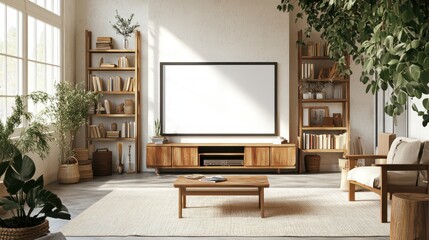 Modern living room featuring a blank TV screen, wooden furniture, bookshelves, and a potted plant.