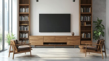 Modern living room featuring a blank TV screen, wooden furniture, bookshelves, and a potted plant.