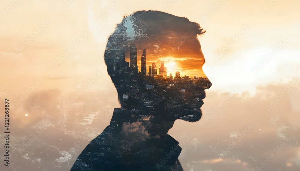 Poster silhouette of a man merging with a cityscape at sunset, symbolizing urban life and personal dreams i