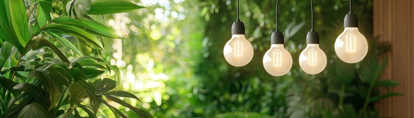 Obraz premium A serene setting featuring four hanging light bulbs amidst lush greenery, creating a warm and inviting atmosphere.