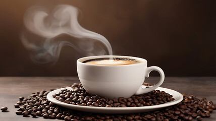 Close up of rustic hot coffee with steaming cup and rich brown fresh beans on a table.