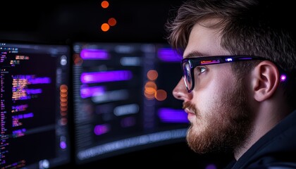 Focused young man programming on multiple screens in a dark environment with colorful code displayed.