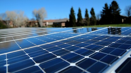 A detailed close-up of solar panels installed on a building&acirc;&euro;&trade;s roof, with sunlight enhancing the grid structure, symbolizing the transition to clean, renewable energy sources