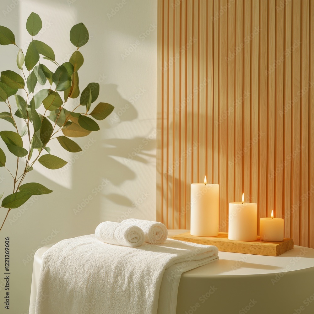 Poster rejuvenating spa experience with glowing candles and soft linens tranquil setting wide angle view