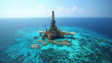 A panoramic view of an offshore oil rig in the East China Sea at sunset, with the rig illuminated and reflected in the water, showcasing the scale of industrial operations