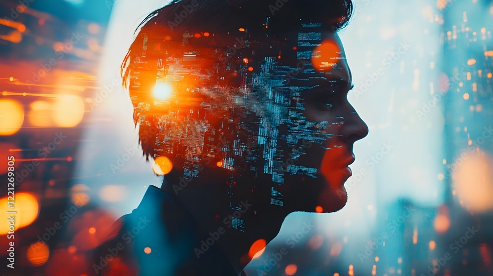 Aufkleber futuristic profile of a person with digital skyline overlay representing technology, data, and innov