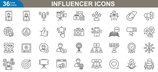 Influencer line icons set. Social media content creation, digital marketing, blogging, vlogging, online branding, and personal branding concepts in flat design style vector illustration.