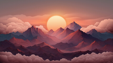 A vibrant sunrise over a mountain range, with colorful clouds and sharp peaks.