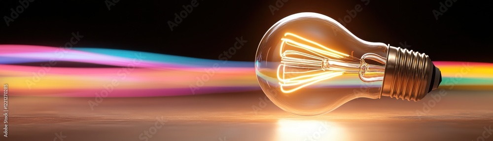 Poster a glowing light bulb rests on a surface, with colorful light streaks in the background, creating a v