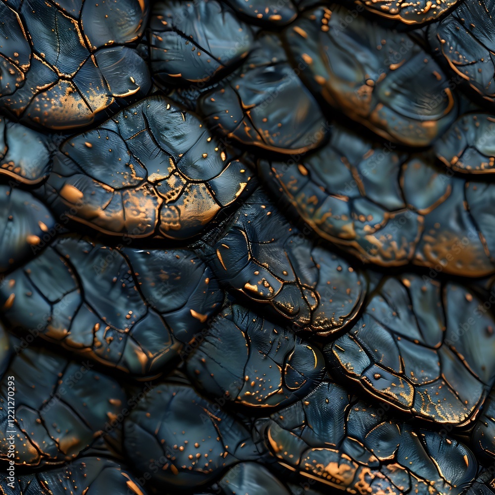 Poster dark textured reptilian scales in deep blue and bronze tones create an abstract natural pattern perf