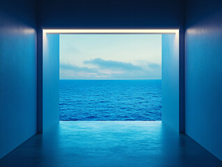 modern window views serene ocean landscapes vibrant blue waters,framed minimalistic interiors clean...