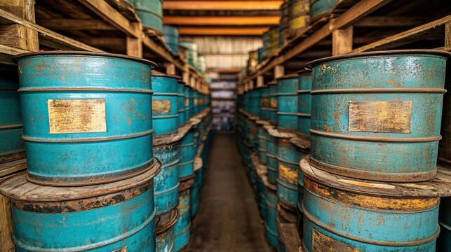 A close-up of blue metal oil barrels neatly stacked in a warehouse, showcasing their robust design and industrial setting, emphasizing storage and oil management in an organized environment