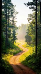 Obraz premium Tranquil forest path at golden hour nature scene digital detox environment invigorating escape