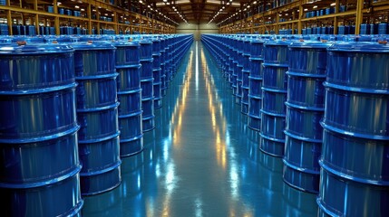 Obraz premium An aerial view of blue metal oil barrels stacked in a warehouse, with clear pathways between rows, symbolizing the efficiency and organization of oil product storage and logistics