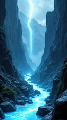 "Majestic natural landscape with a deep canyon filled with blue water, surrounded by rugged cliffs under a dramatic sky"