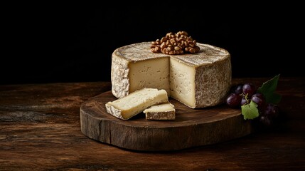 Artisan cheese wheel displayed on a rustic wooden board with slices garnished with grapes and nuts for a gourmet experience