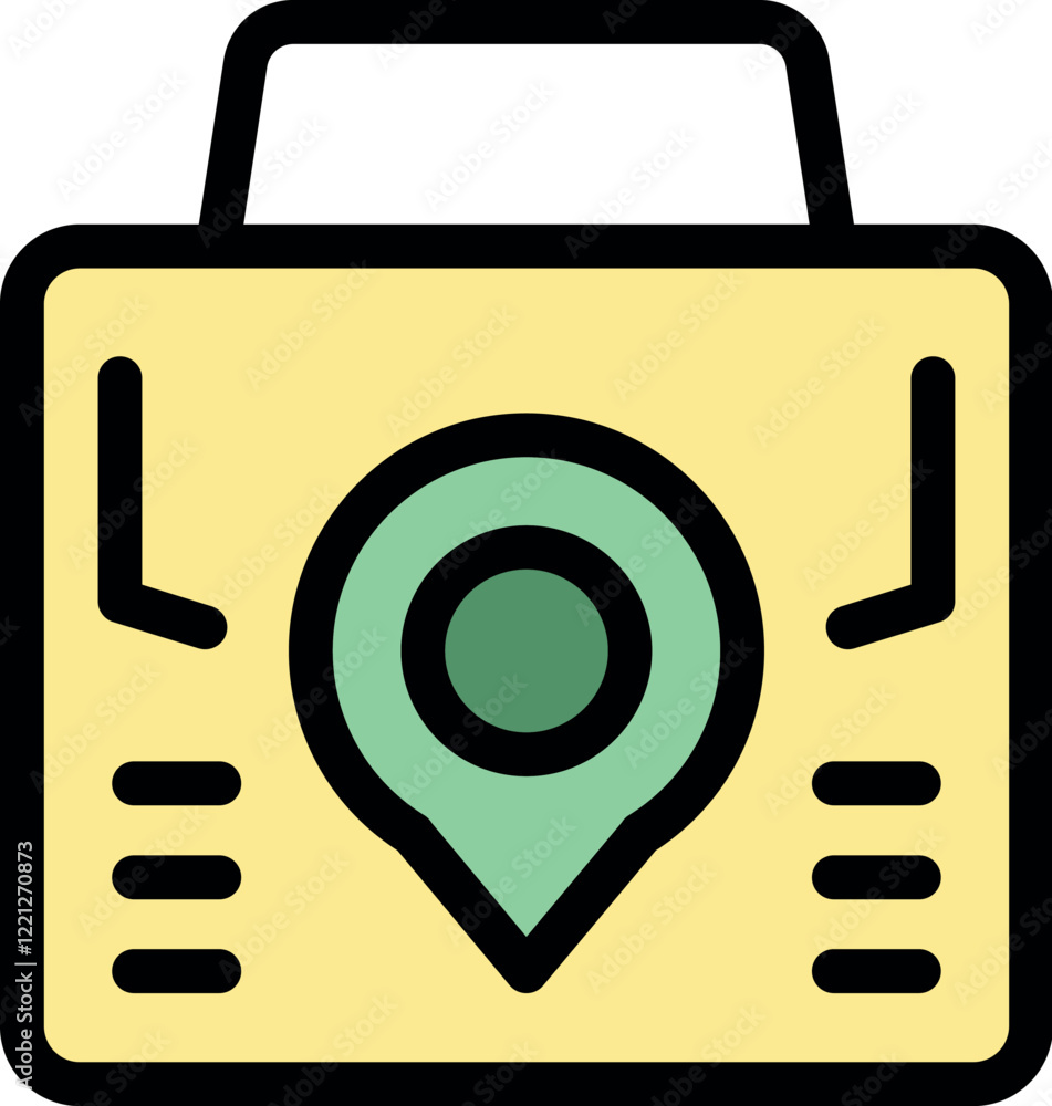 Poster electronic tracking device displaying current location with a pin icon, symbolizing precise position
