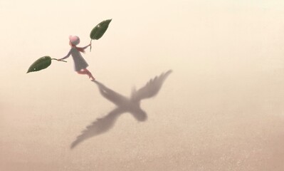 Children dream. Kid imagination. freedom, hope, concept art. surreal conceptual illustration. A girl and leaf wing. 