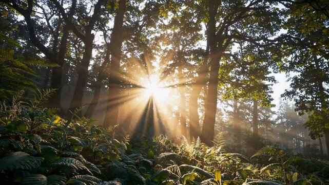 wonderful nature background with sunlight coming through the fog. bright sunny atmosphere