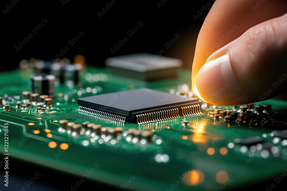 Poster person working on microchip circuit board in a dimly lit environment