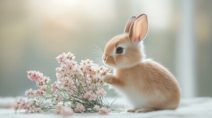 A playful bunny with a bouquet of spring flowers on a clean, minimalist white background