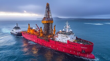 A realistic view of an offshore drilling rig with a support vessel positioned nearby, emphasizing the scale of the operation and the importance of logistical support in offshore energy projects