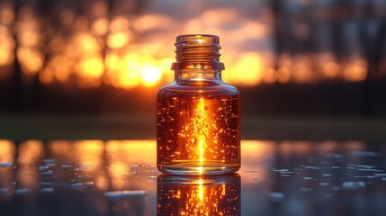Sparkling Liquid in Glass Bottle with Sunset Reflection Background