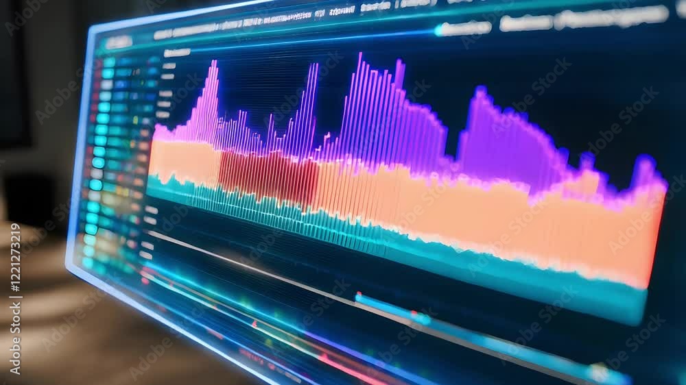 Poster a colorful digital display shows a vibrant waveform analysis with varying heights and intricate deta